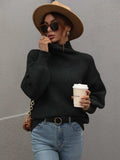 High Neck Balloon Sleeve Rib-Knit Pullover Sweater - Trendsi - Flyclothing LLC