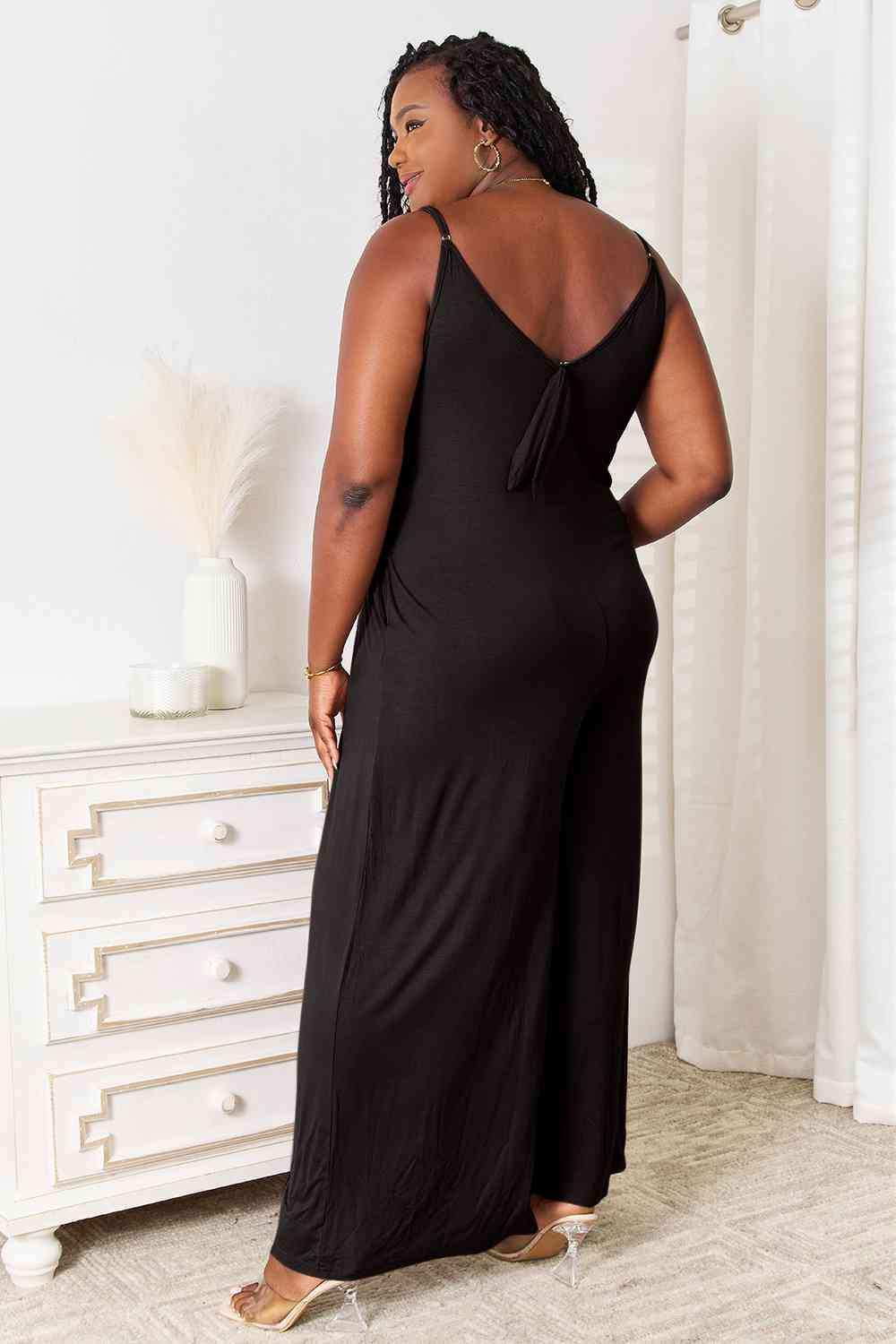 Double Take Full Size Soft Rayon Spaghetti Strap Tied Wide Leg Jumpsuit - Trendsi - Flyclothing LLC