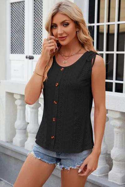 Eyelet Round Neck Wide Strap Tank - Trendsi - Flyclothing LLC