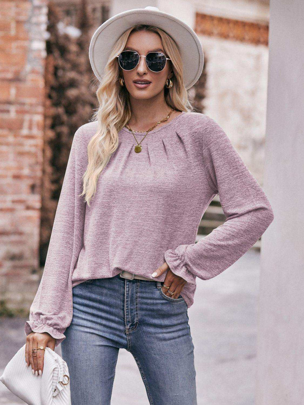 Long Flounce Sleeve Round Neck Blouse - Trendsi - Flyclothing LLC