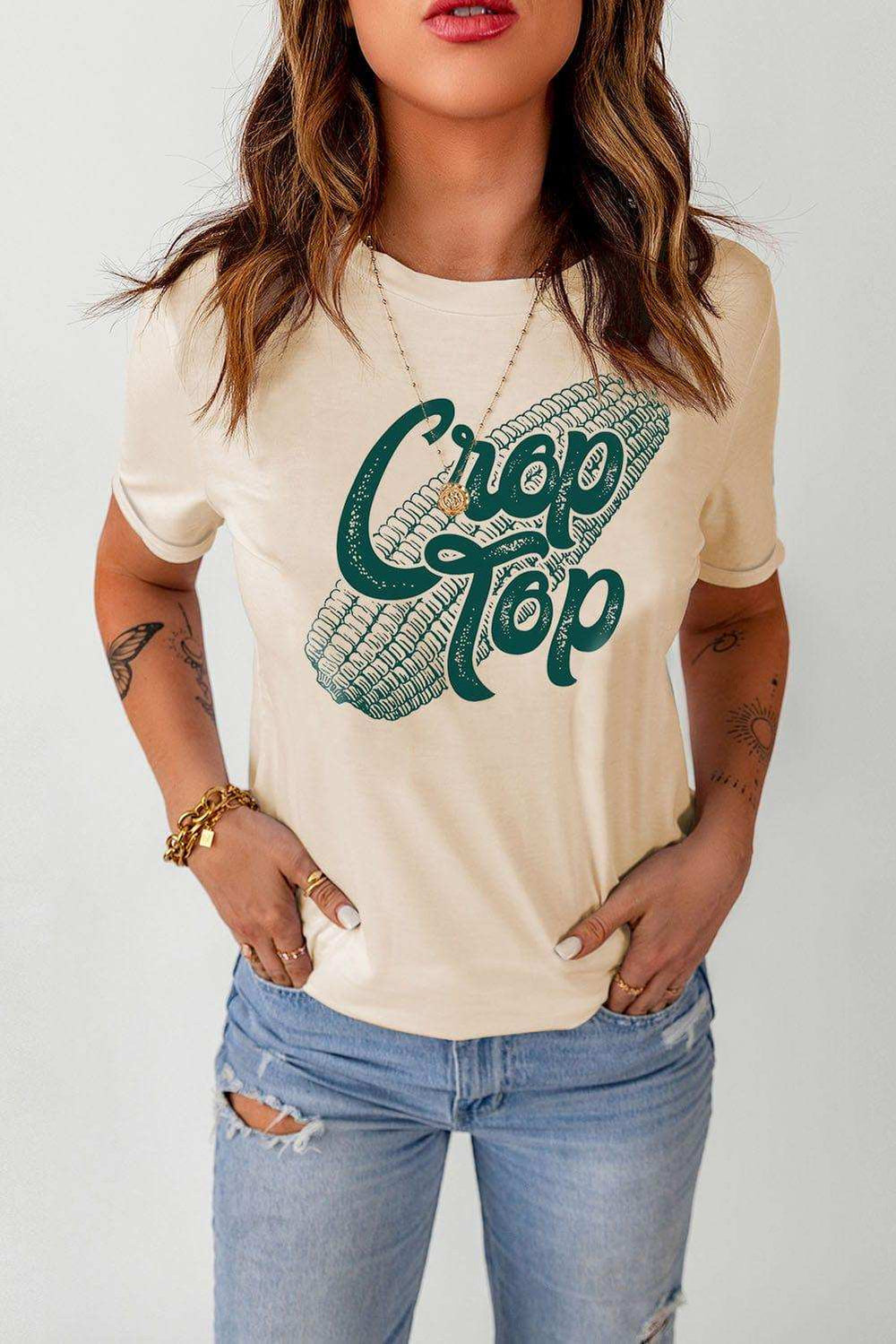 Corn Letter Graphic Cuffed Tee - Trendsi - Flyclothing LLC
