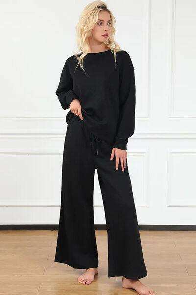 Double Take Full Size Textured Long Sleeve Top and Drawstring Pants Set - Trendsi - Flyclothing LLC