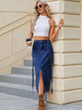 Slit Pocketed High Waist Denim Skirt - Trendsi - Flyclothing LLC