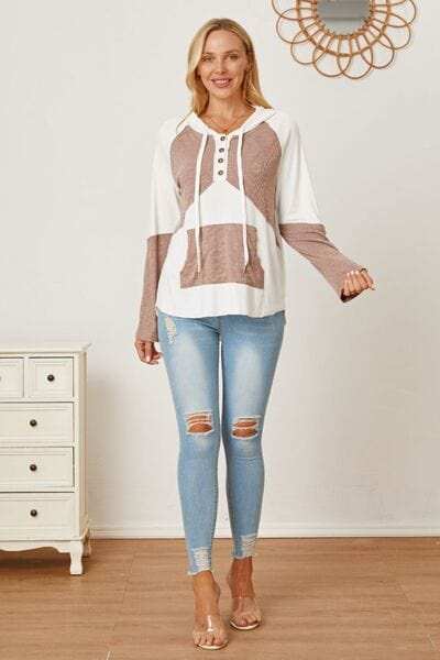 Color Block Drawstring Half Button Hoodie - Trendsi - Flyclothing LLC