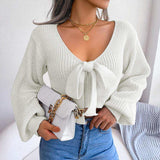 Tie-Front Rib-Knit Cropped Sweater - Trendsi - Flyclothing LLC