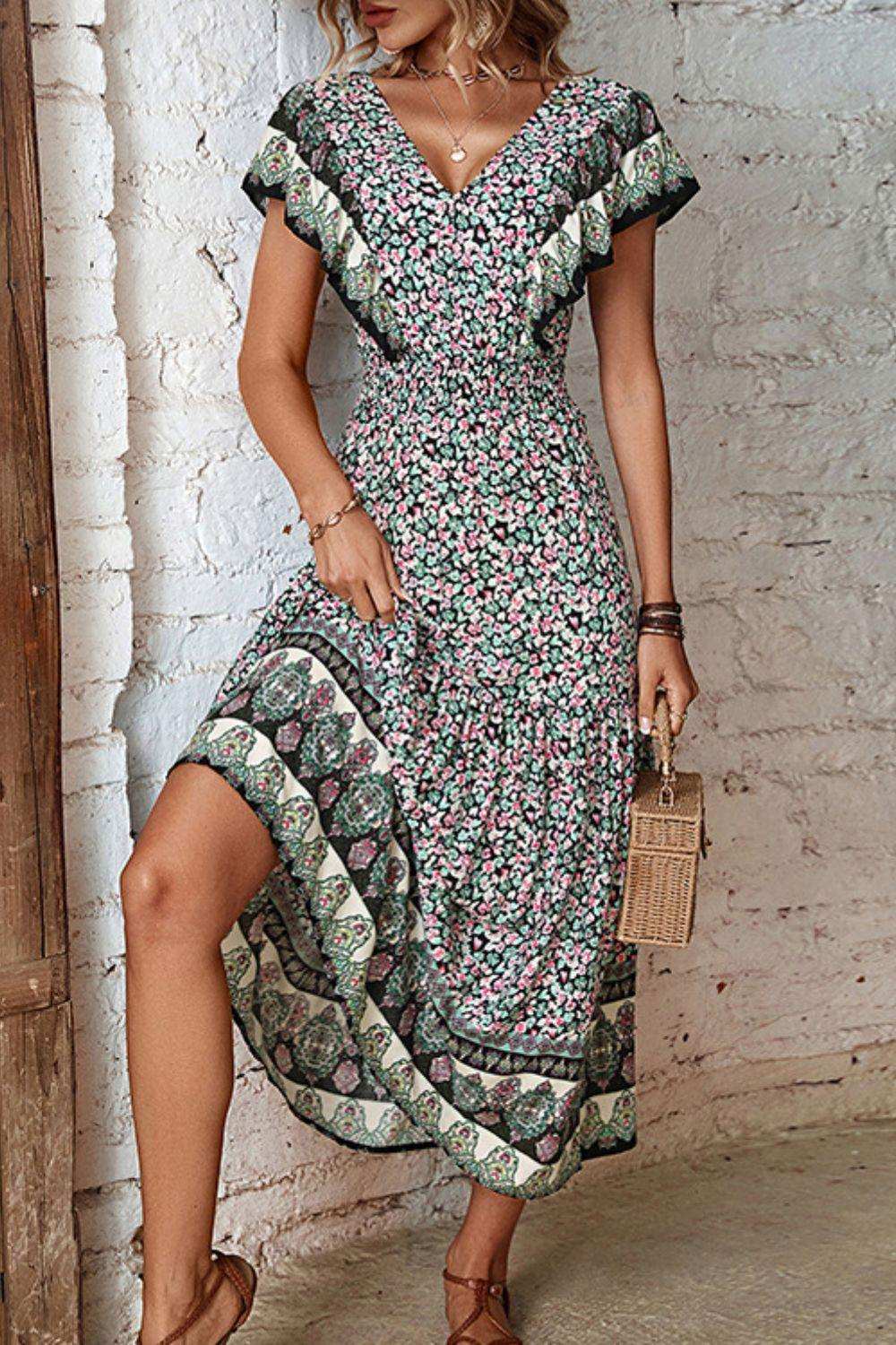 Ditsy Floral Ruffled Plunge Dress - Trendsi - Flyclothing LLC