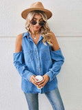 Cold Shoulder Pocketed Button Up Denim Jacket - Trendsi - Flyclothing LLC