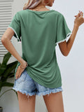 Pom-Pom Trim Flutter Sleeve Round Neck Tee - Trendsi - Flyclothing LLC
