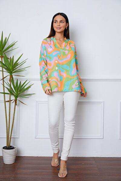 Printed Notched Long Sleeve Blouse - Trendsi - Flyclothing LLC