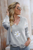 Flower Distressed Ribbed Trim Sweater - Trendsi - Flyclothing LLC