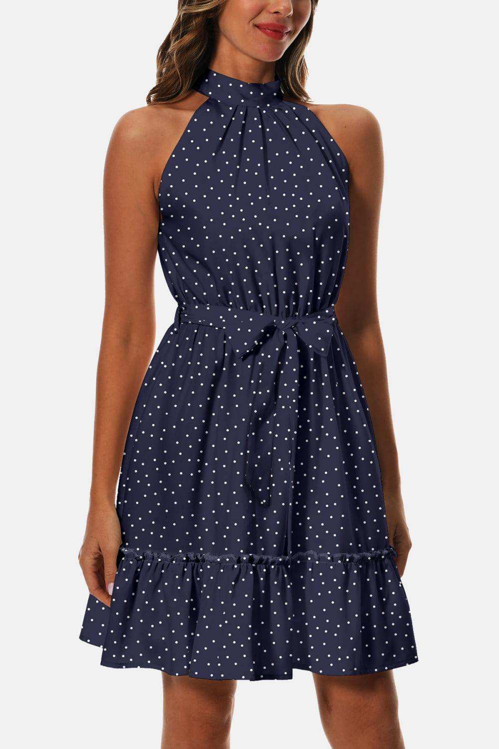 Printed Tie Waist Frill Trim Dress - Trendsi - Flyclothing LLC