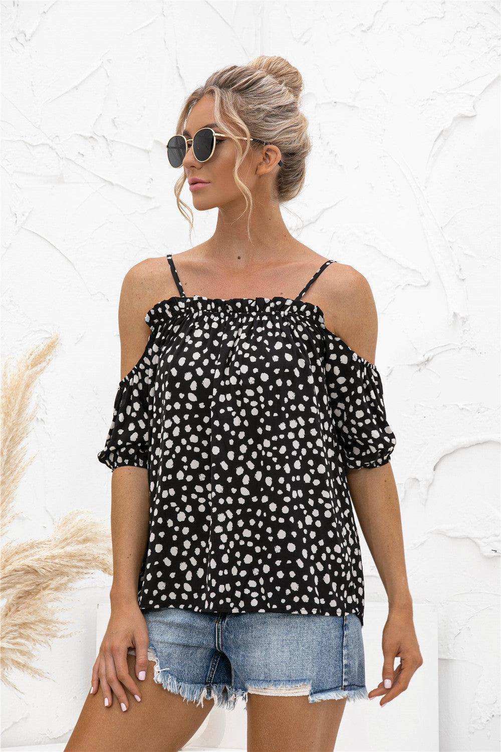 Printed Cold-Shoulder Frill Trim Blouse - Trendsi - Flyclothing LLC