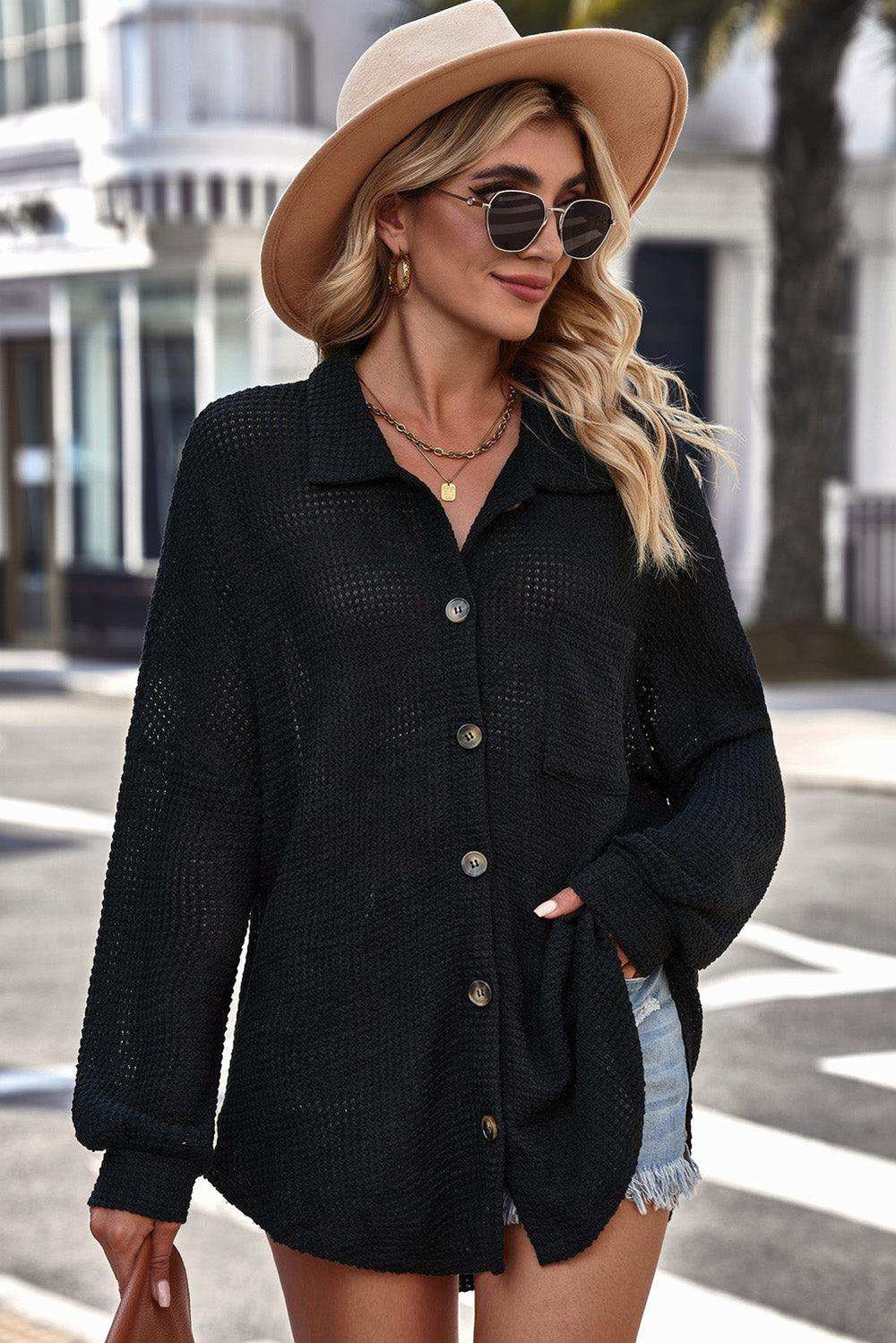 Waffle-knit Collared Neck Dropped Shoulder Shirt - Trendsi - Flyclothing LLC