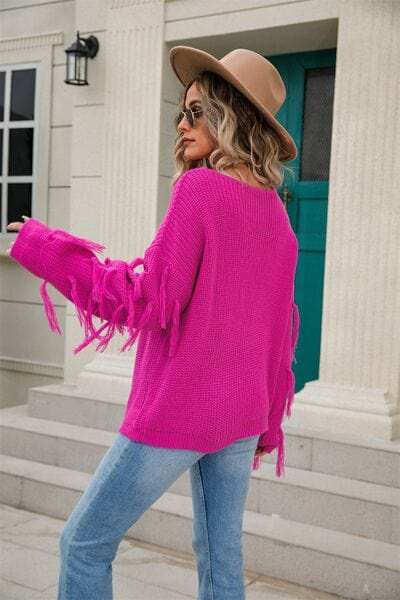Fringe Round Neck Dropped Shoulder Sweater - Trendsi - Flyclothing LLC