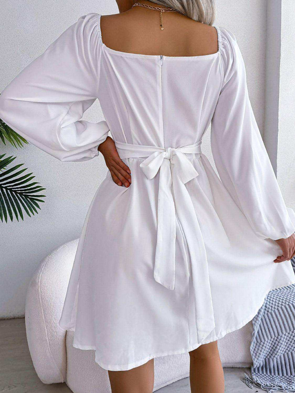 Tied Square Neck Balloon Sleeve Dress - Trendsi - Flyclothing LLC