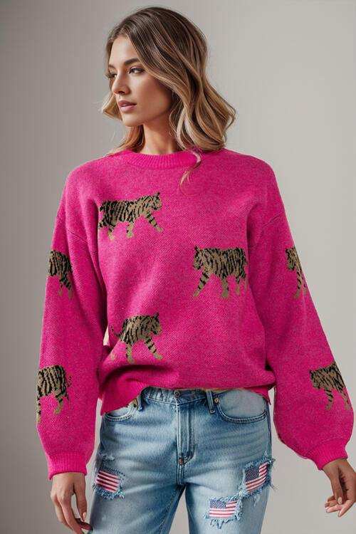 Tiger Pattern Round Neck Drop Shoulder Sweater - Trendsi - Flyclothing LLC