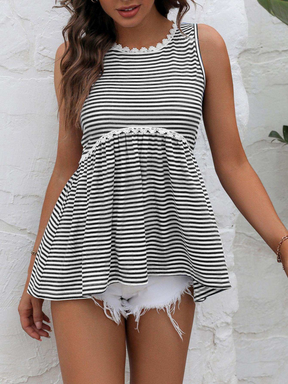 Striped Lace Trim Round Neck Tank - Trendsi - Flyclothing LLC