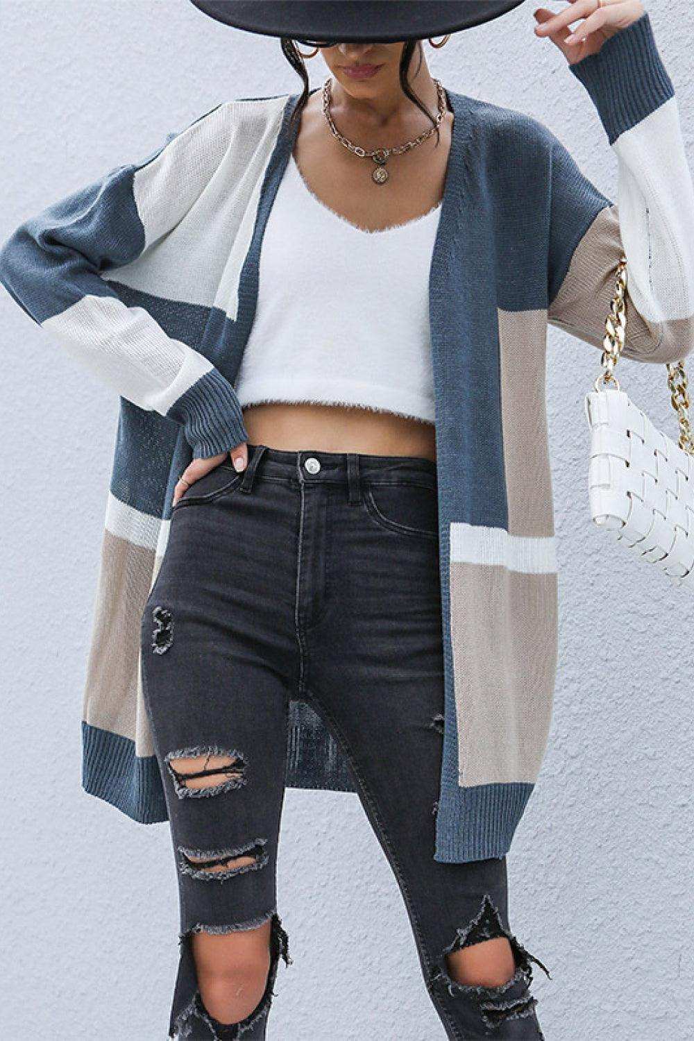 Color Block Dropped Shoulder Cardigan - Trendsi - Flyclothing LLC