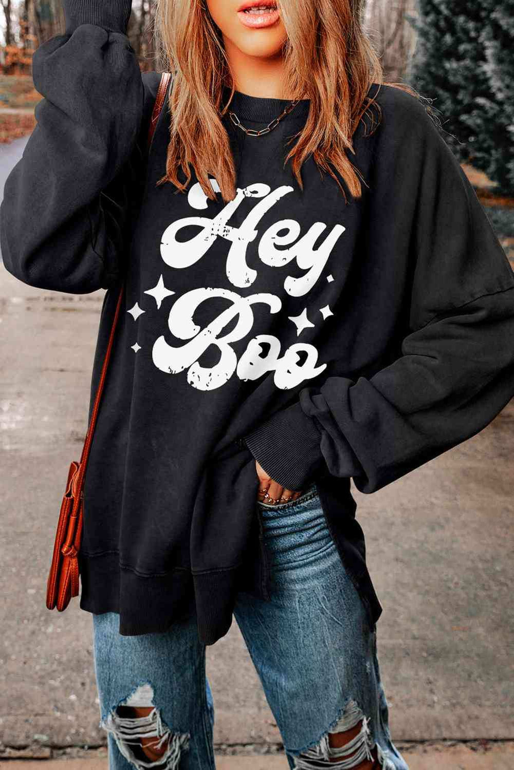 HEY BOO Graphic Round Neck Sweatshirt - Trendsi - Flyclothing LLC