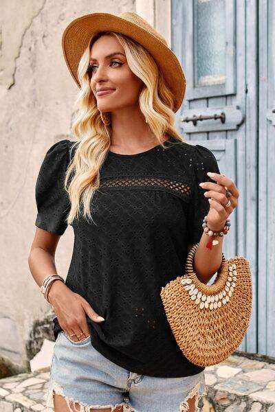 Openwork Round Neck Short Sleeve T-Shirt - Trendsi - Flyclothing LLC