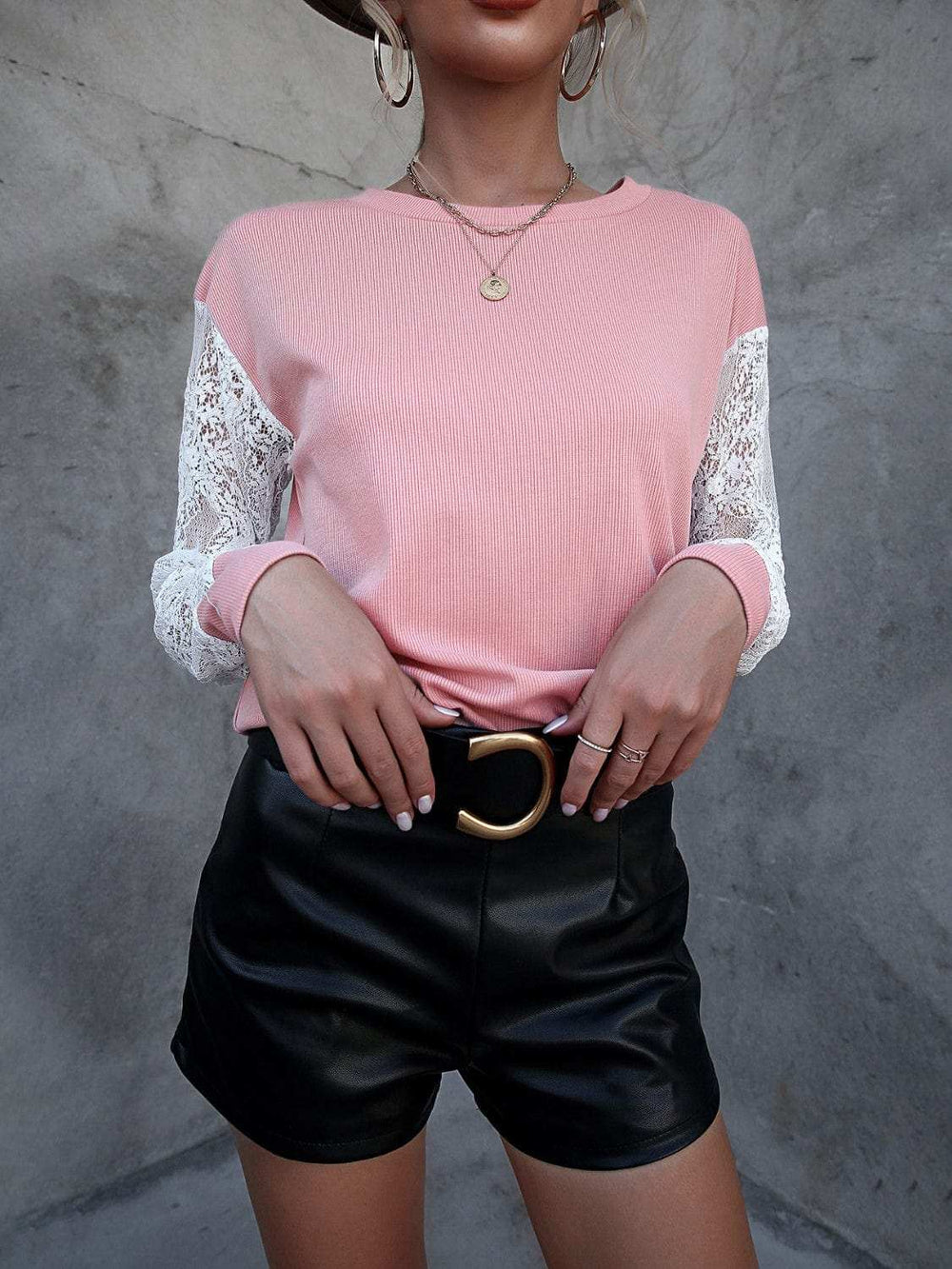 Lace Detail Round Neck Dropped Shoulder T-Shirt - Trendsi - Flyclothing LLC