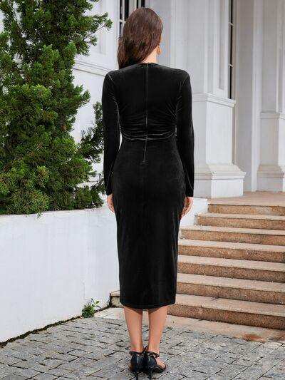 Ruched Slit Surplice Wrap Dress - Trendsi - Flyclothing LLC