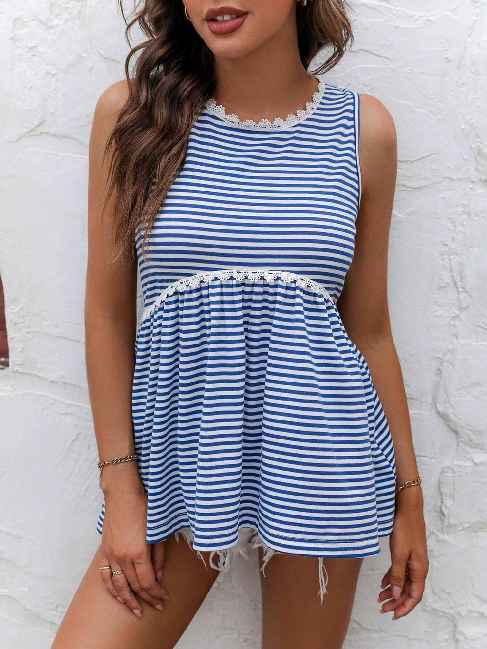 Striped Lace Trim Round Neck Tank - Trendsi - Flyclothing LLC