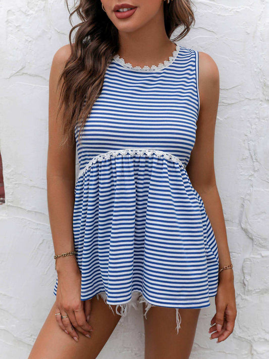 Striped Lace Trim Round Neck Tank - Trendsi - Flyclothing LLC