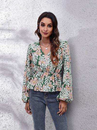Floral V-Neck Balloon Sleeve Peplum Blouse - Trendsi - Flyclothing LLC