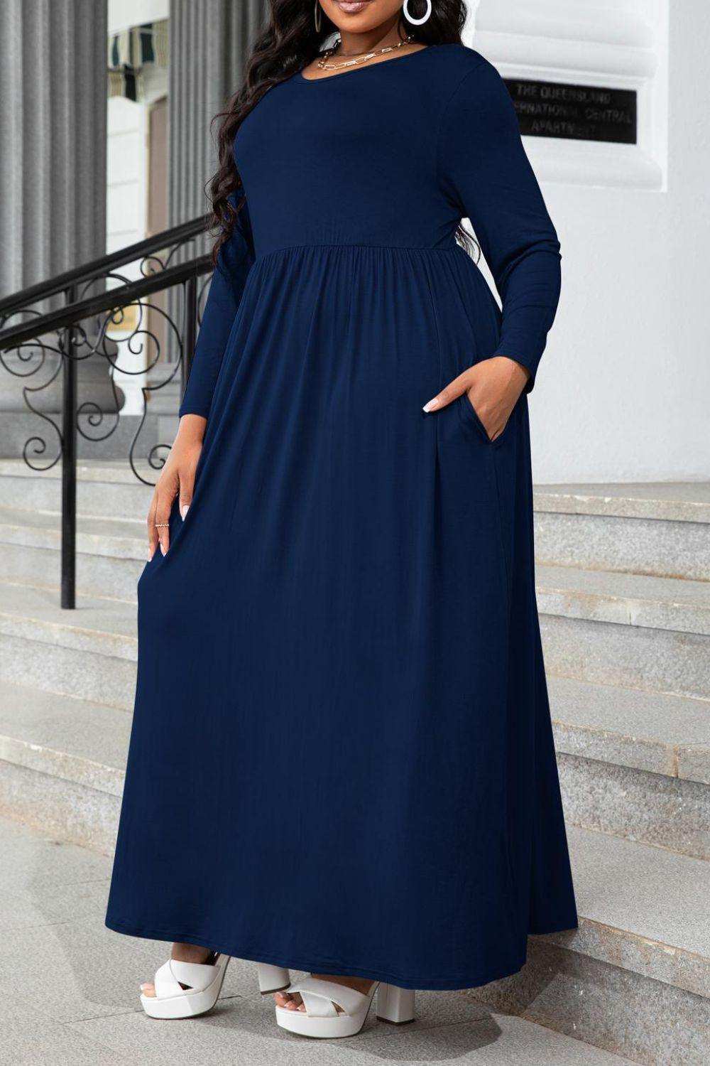 Plus Size Round Neck Long Sleeve Maxi Dress with Pockets - Trendsi - Flyclothing LLC