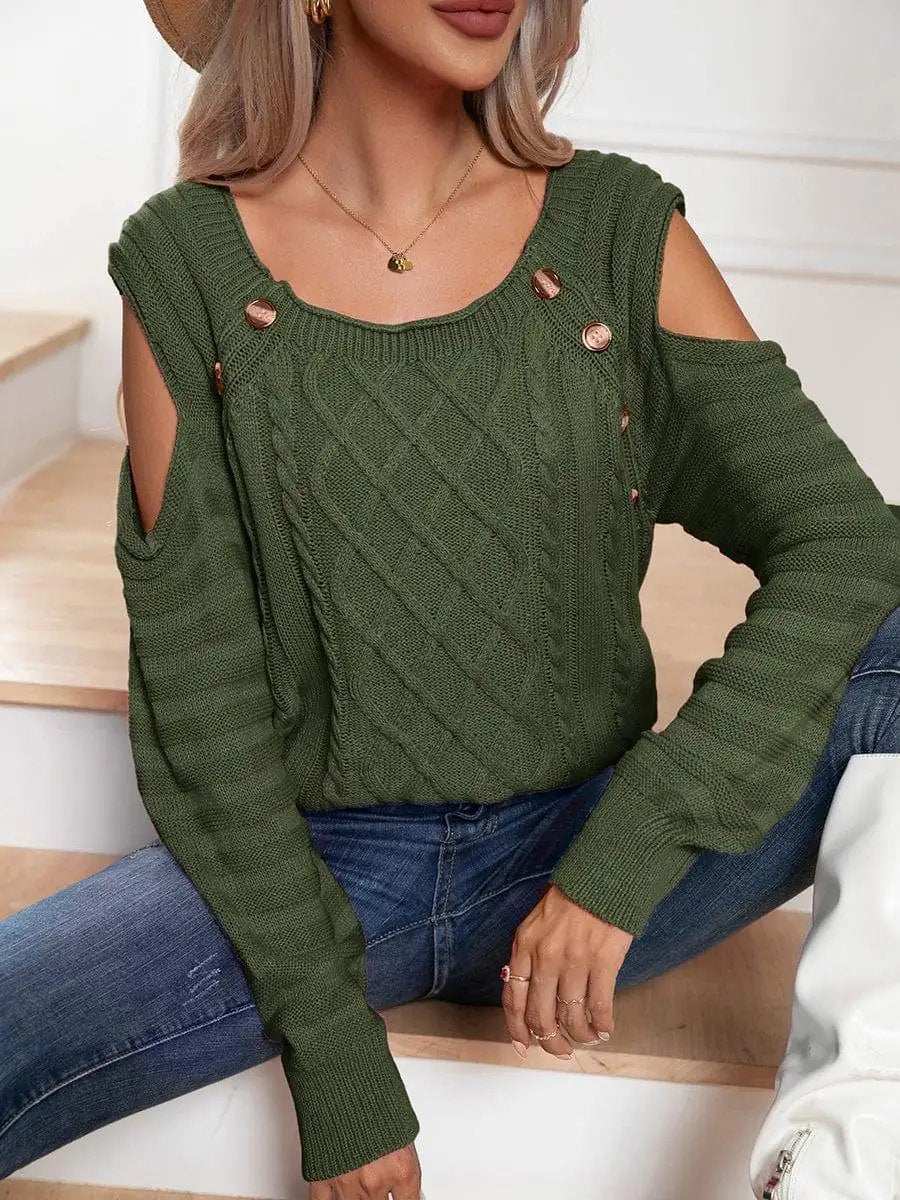 Decorative Button Cold-Shoulder Sweater - Trendsi - Flyclothing LLC