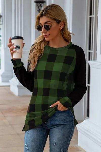 Plaid Round Neck Long Sleeve T-Shirt - Trendsi - Flyclothing LLC