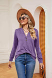 Buttoned Notched Neck Long Sleeve Top - Trendsi - Flyclothing LLC