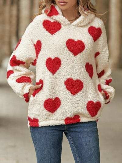 Fuzzy Heart Pocketed Dropped Shoulder Hoodie - Trendsi - Flyclothing LLC