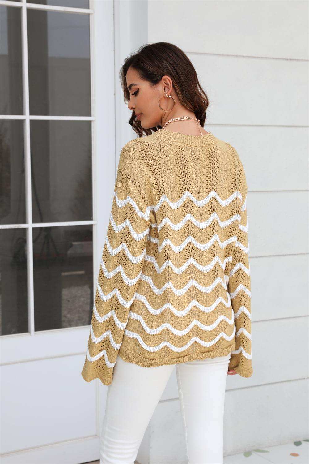 Wave Pattern Round Neck Long Sleeve Sweater - Trendsi - Flyclothing LLC