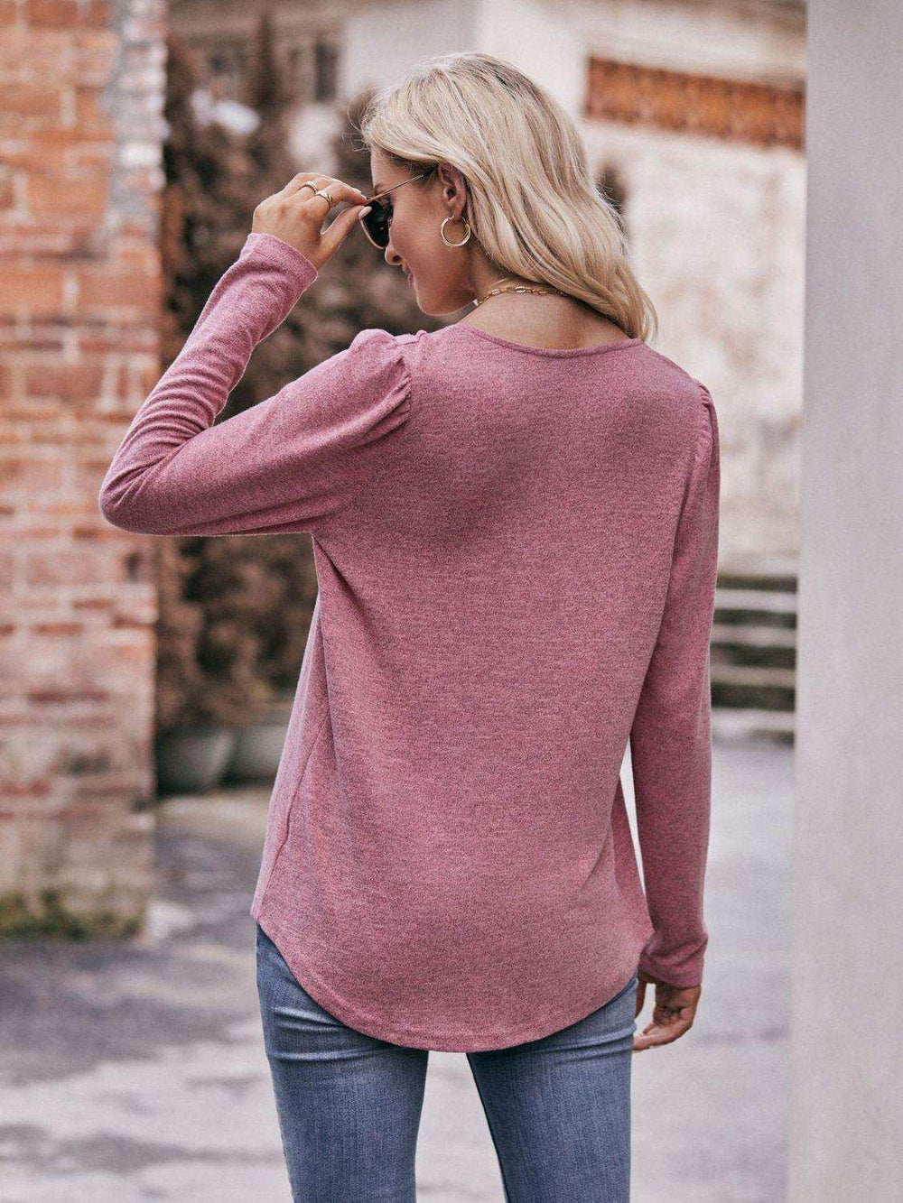 Pleated Detail Curved Hem Long Sleeve Top - Trendsi - Flyclothing LLC
