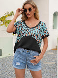 Leopard Waffle-Knit Short Sleeve Top - Trendsi - Flyclothing LLC