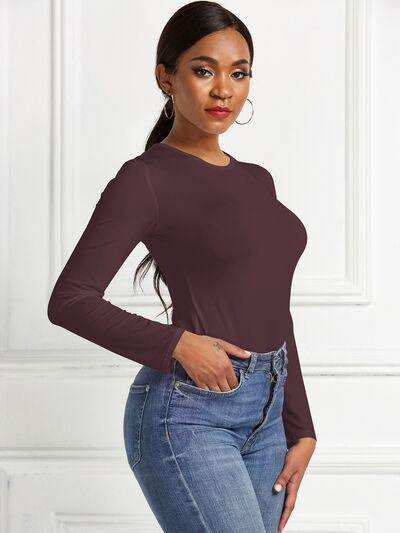 Round Neck Long Sleeve Bodysuit - Trendsi - Flyclothing LLC