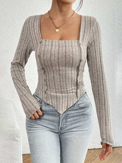 Ribbed Decorative Button Long Sleeve T-Shirt - Trendsi - Flyclothing LLC
