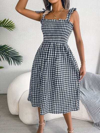 Frill Plaid Square Neck Midi Dress - Trendsi - Flyclothing LLC
