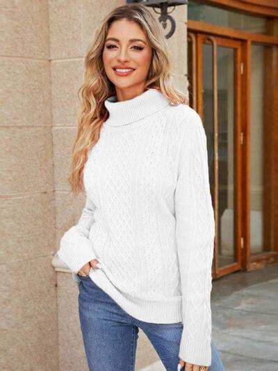 Cable-Knit Mock Neck Sweater - Trendsi - Flyclothing LLC