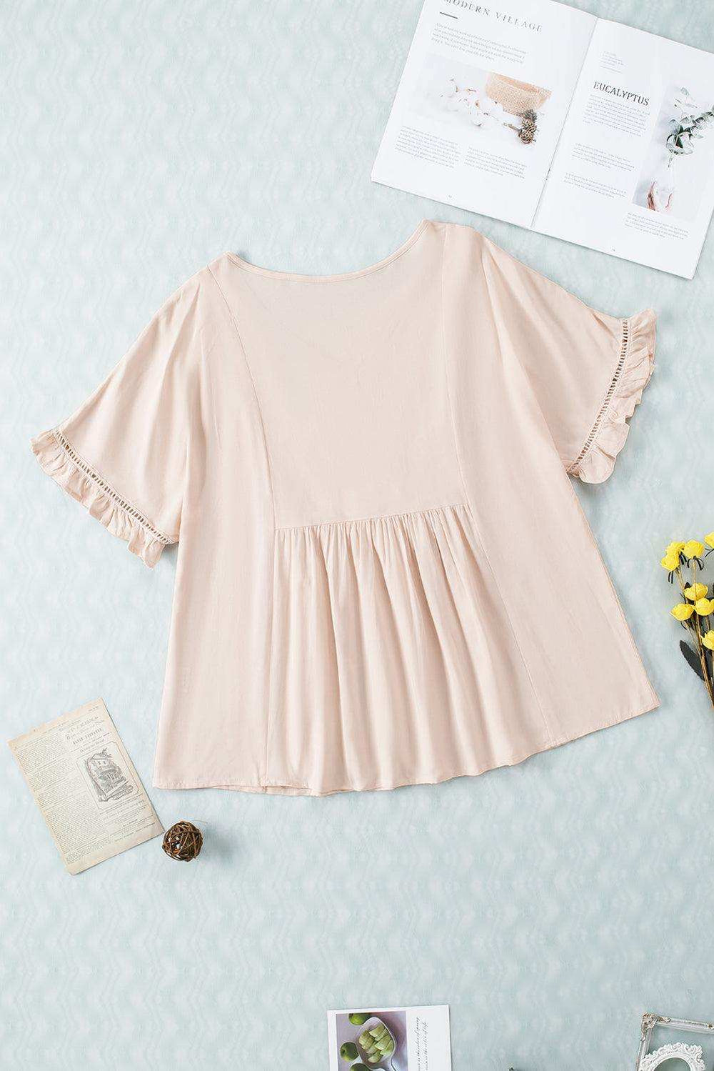 V-Neck Flounce Sleeve Babydoll Blouse - Trendsi - Flyclothing LLC