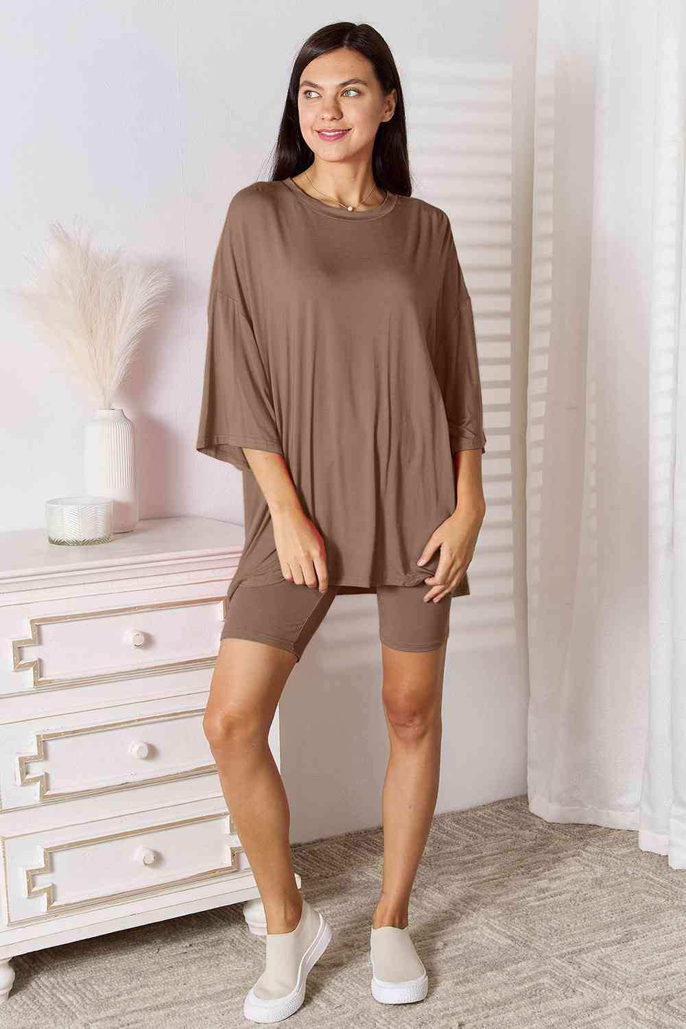 Basic Bae Full Size Soft Rayon Three-Quarter Sleeve Top and Shorts Set - Trendsi - Flyclothing LLC
