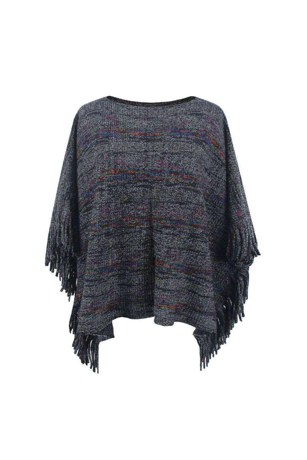 Round Neck Fringe Detail Sleeve Poncho - Trendsi - Flyclothing LLC