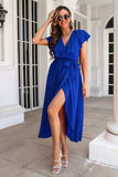 Ruffled Surplice Tie Waist Slit Midi Dress - Trendsi - Flyclothing LLC