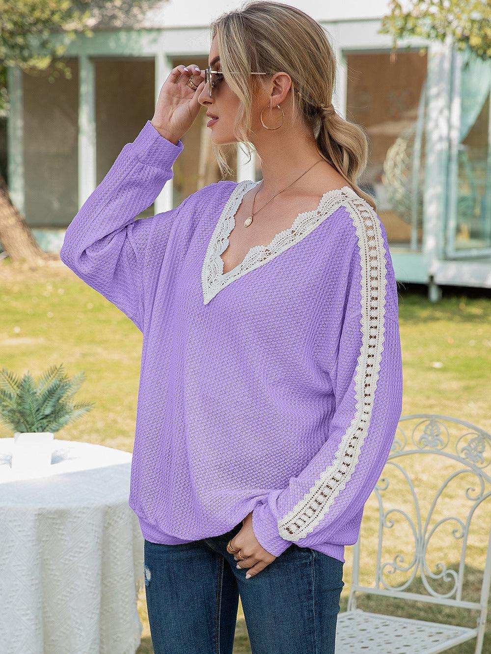 Contrast Spliced Lace V-Neck Top - Trendsi - Flyclothing LLC