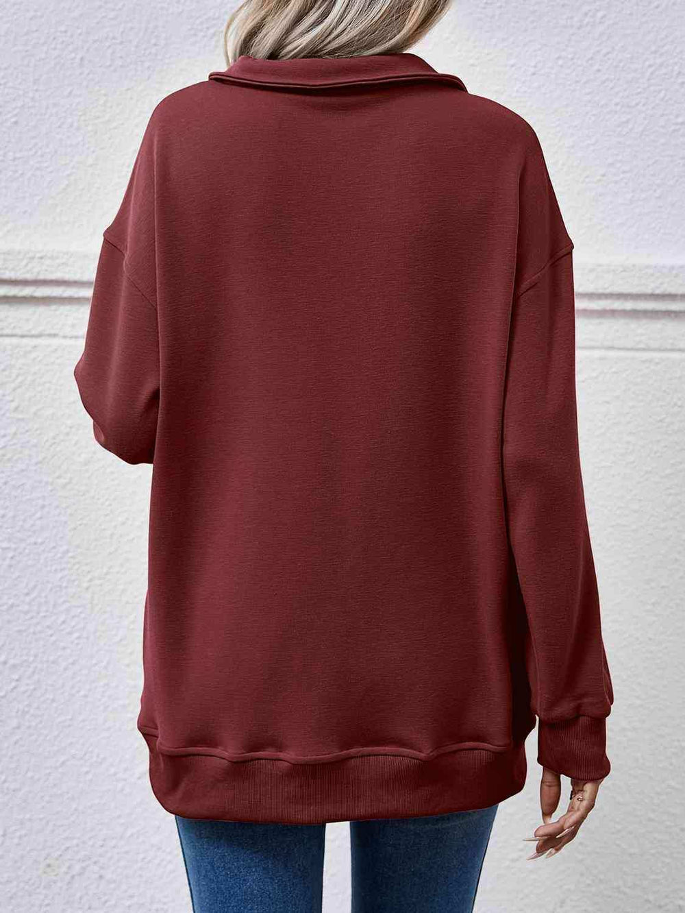 Collared Neck Dropped Shoulder Sweatshirt - Trendsi - Flyclothing LLC