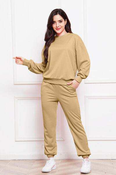 Round Neck Long Sleeve Sweatshirt and Pants Set - Trendsi - Flyclothing LLC