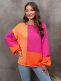 Color Block Round Neck Dropped Shoulder Sweater - Trendsi - Flyclothing LLC