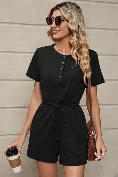 Drawstring Half Button Short Sleeve Romper - Trendsi - Flyclothing LLC